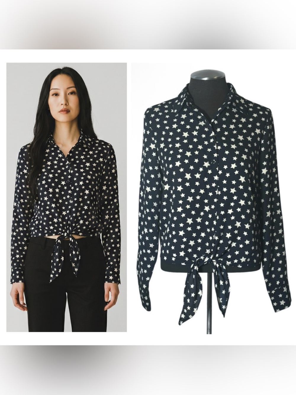 🆕 Dex – Star Print Tie Front Collared Button Down Crop Top – Small
